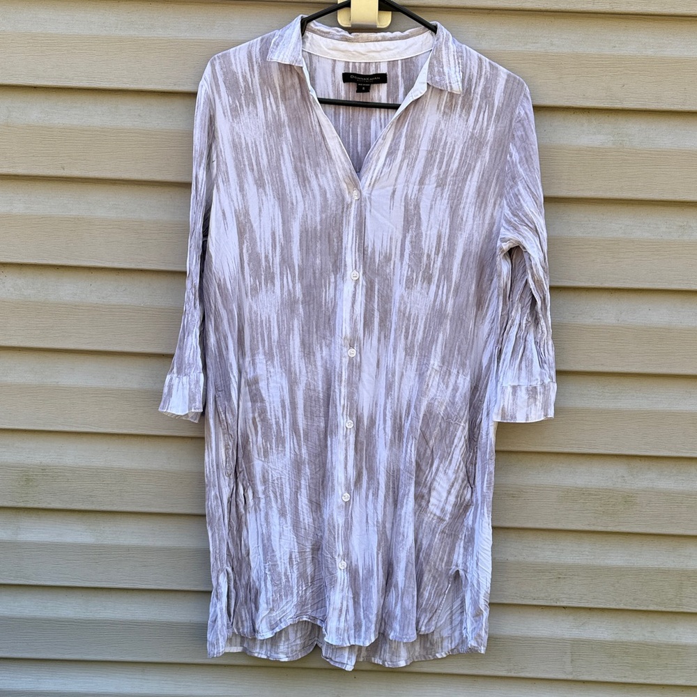 Donna Karan Sleepwear Button Down V-neck Pajama Nightshirt Cream Grey Small